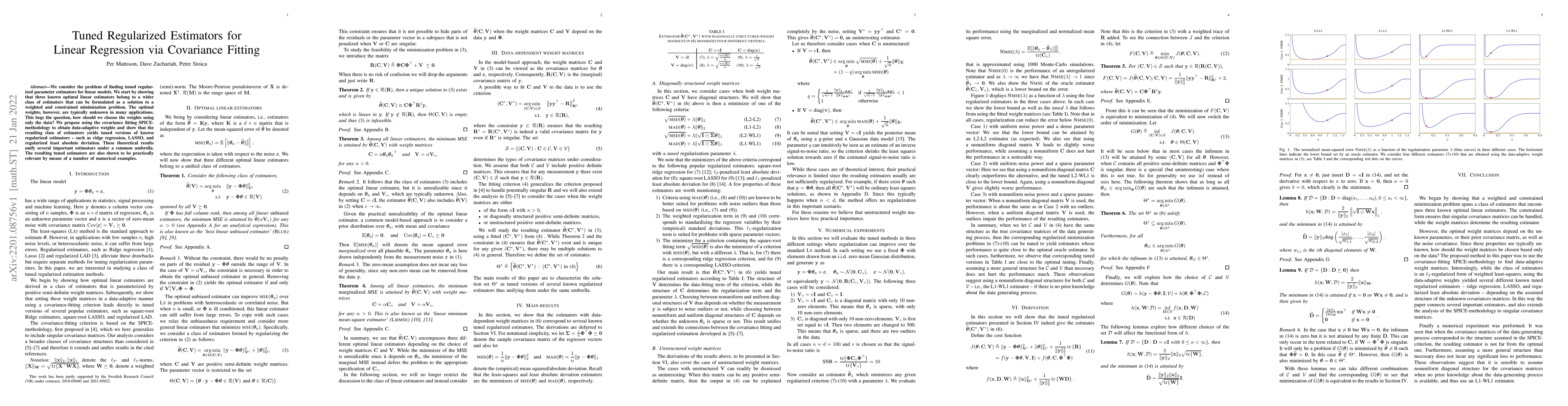 Thumbnail for Tuned Regularized Estimators for Linear Regression via Covariance
  Fitting