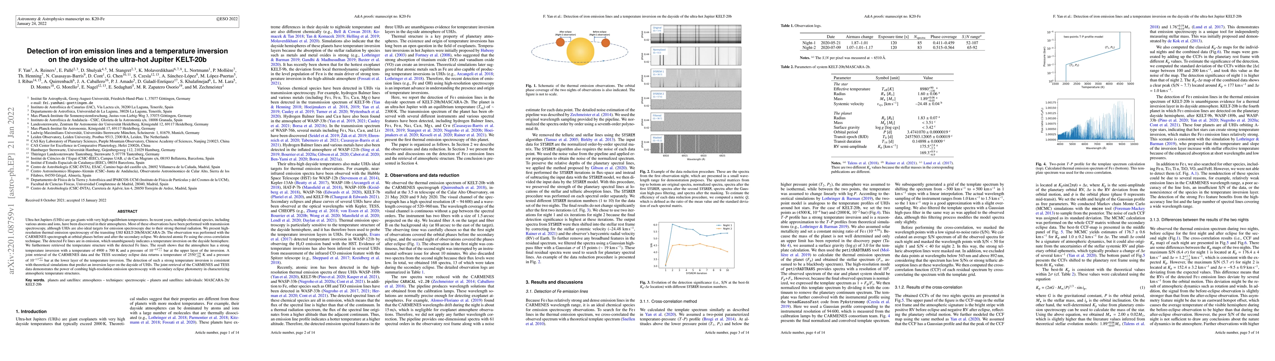 Thumbnail for Detection of iron emission lines and a temperature inversion on the
  dayside of the ultra-hot Jupiter KELT-20b
