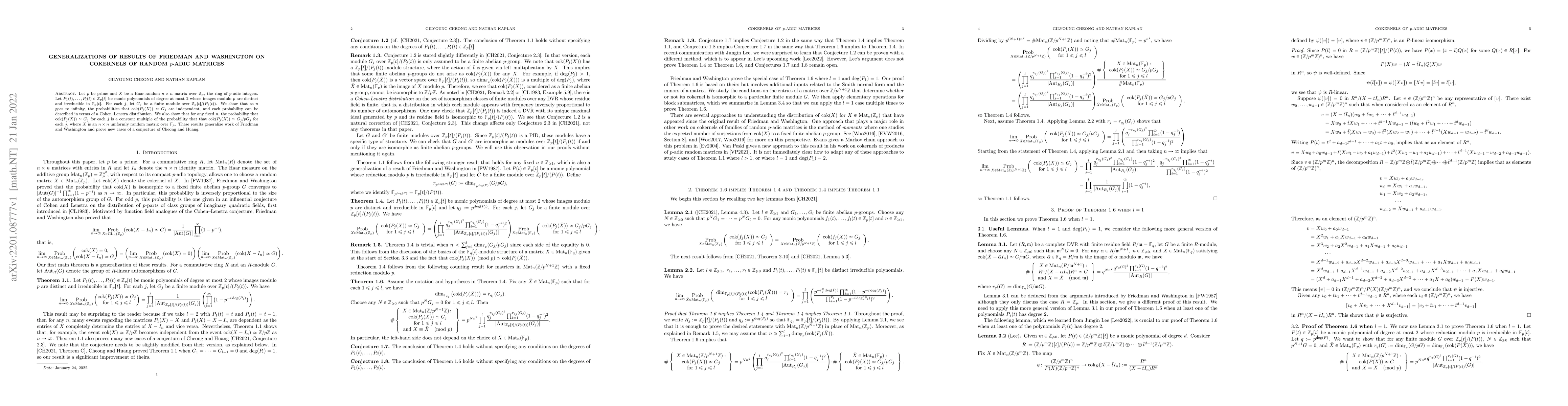 Thumbnail for Generalizations of results of Friedman and Washington on cokernels of
  random $p$-adic matrices
