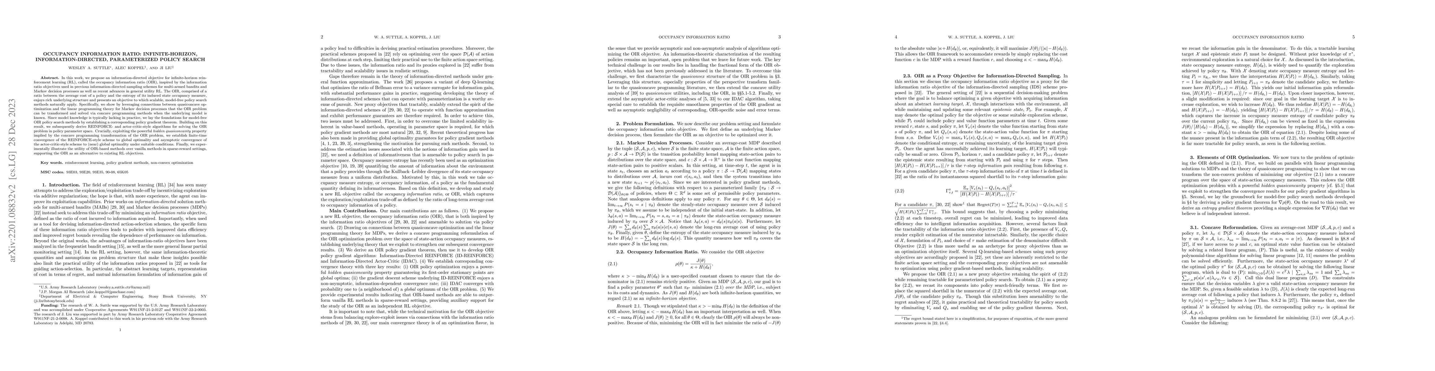 Thumbnail for Occupancy Information Ratio: Infinite-Horizon, Information-Directed,
  Parameterized Policy Search