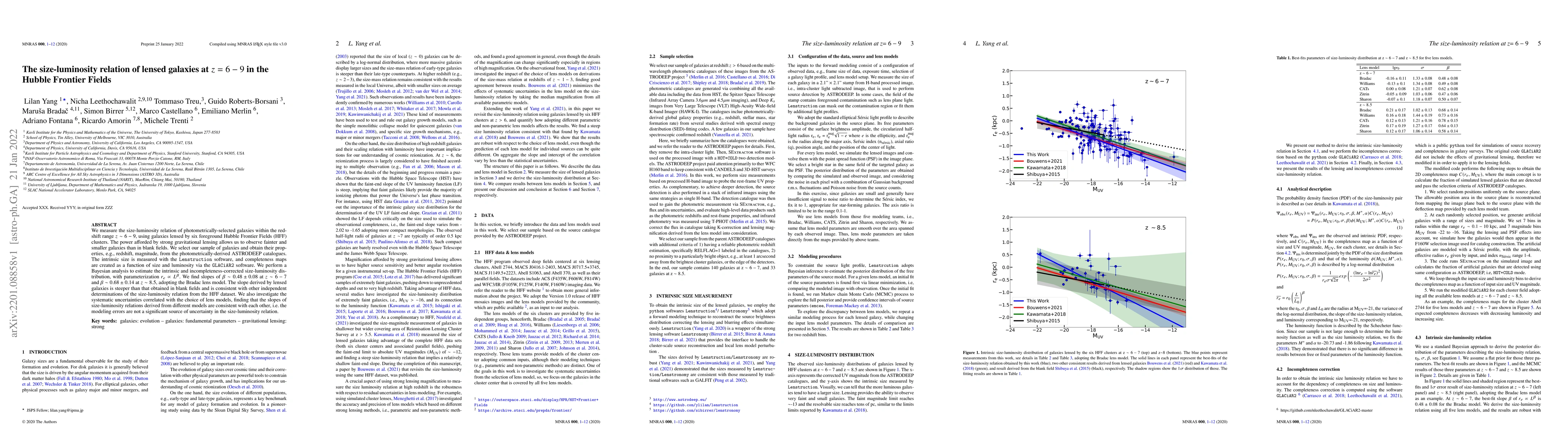 Thumbnail for The size-luminosity relation of lensed galaxies at $z=6-9$ in the Hubble
  Frontier Fields