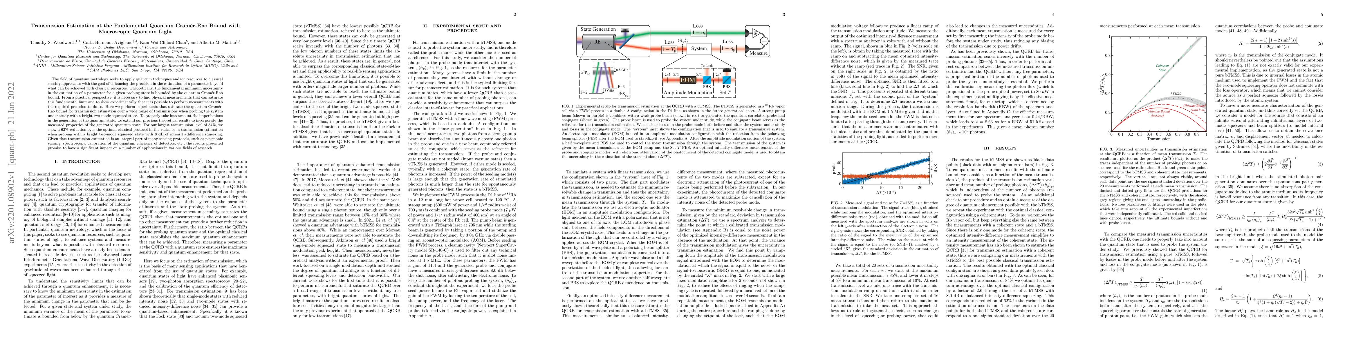 Thumbnail for Transmission Estimation at the Fundamental Quantum Cram\'er-Rao Bound
  with Macroscopic Quantum Light