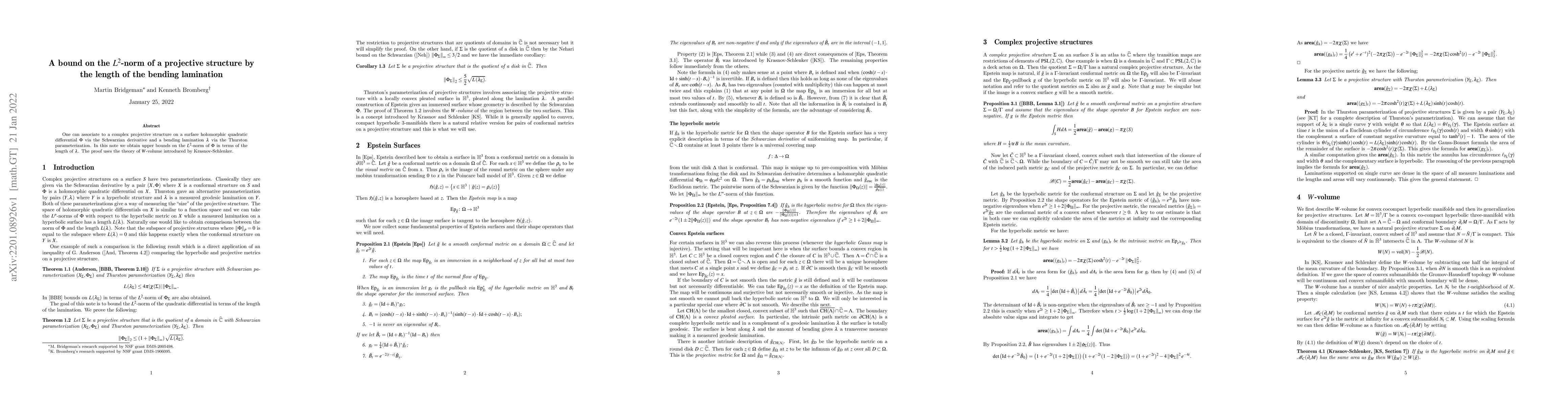 Thumbnail for A bound on the $L^2$-norm of a projective structure by the length of the
  bending lamination