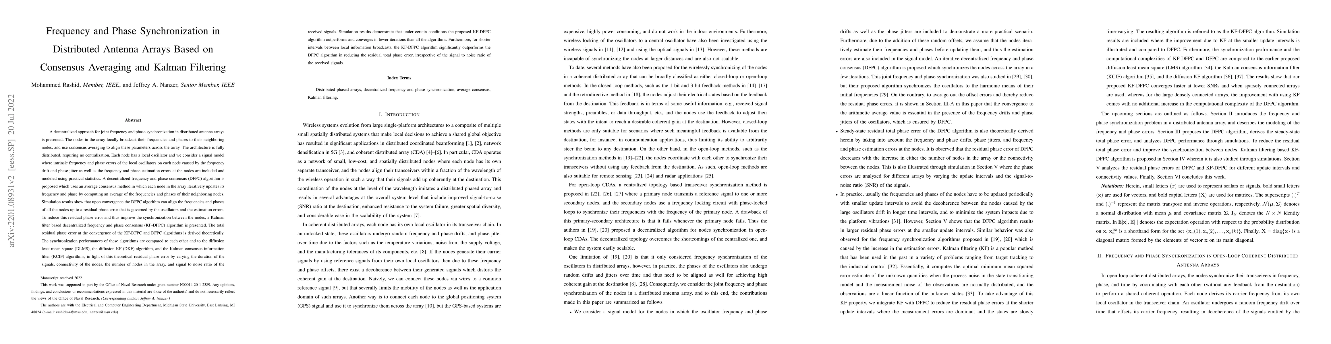 Thumbnail for Frequency and Phase Synchronization in Distributed Antenna Arrays Based
  on Consensus Averaging and Kalman Filtering