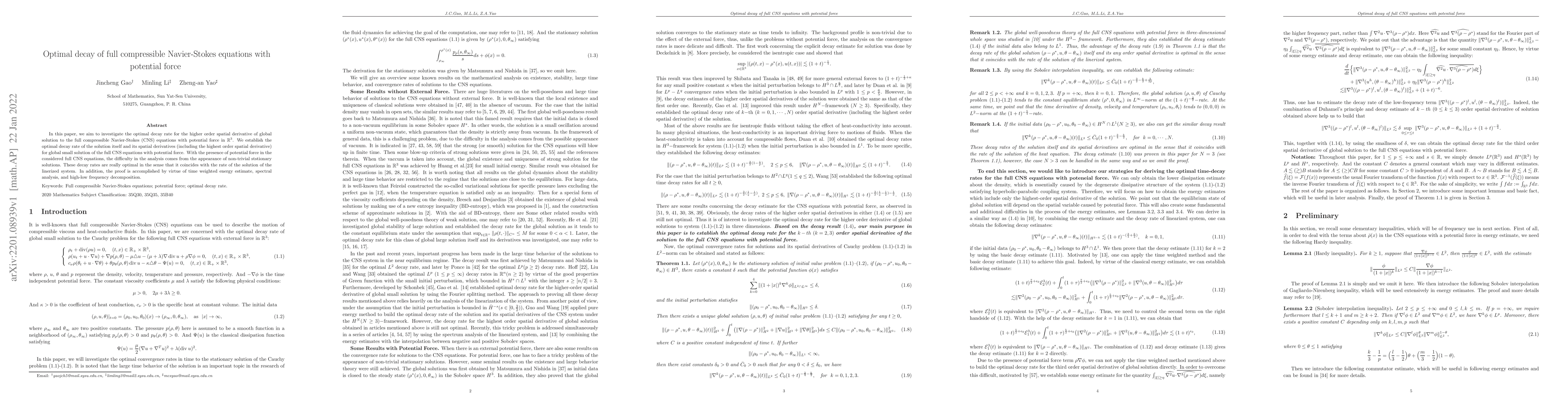 Thumbnail for Optimal decay of full compressible Navier-Stokes equations with
  potential force