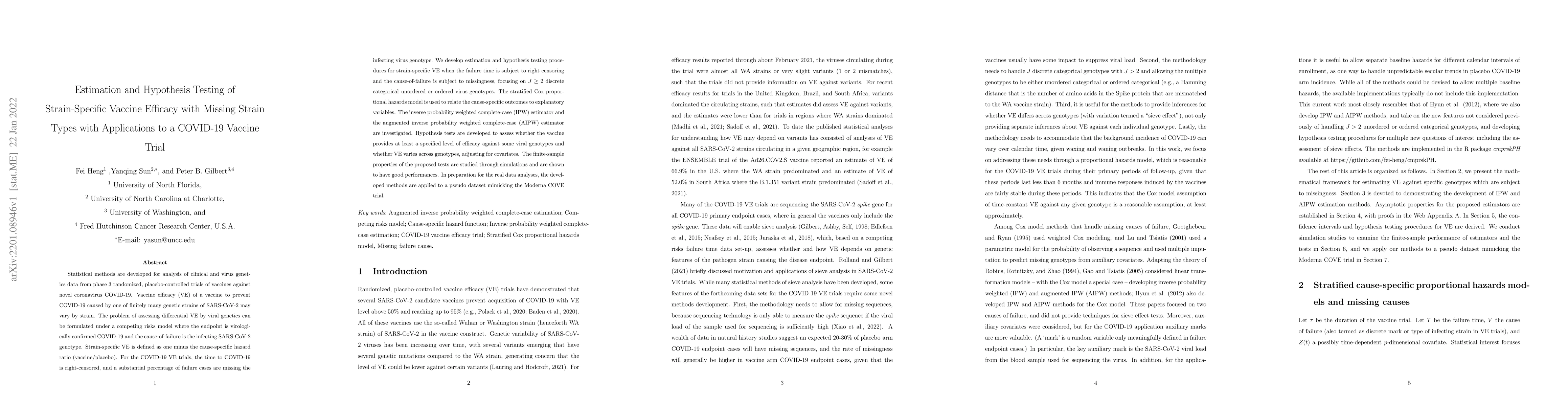 Thumbnail for Estimation and Hypothesis Testing of Strain-Specific Vaccine Efficacy
  with Missing Strain Types, with Applications to a COVID-19 Vaccine Trial