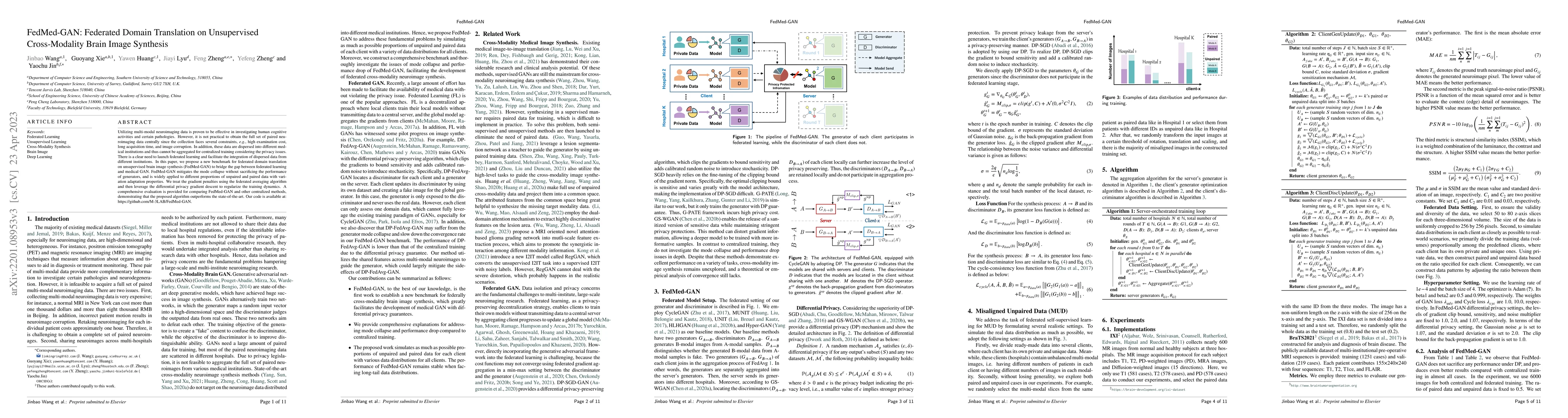 Thumbnail for FedMed-GAN: Federated Domain Translation on Unsupervised Cross-Modality
  Brain Image Synthesis