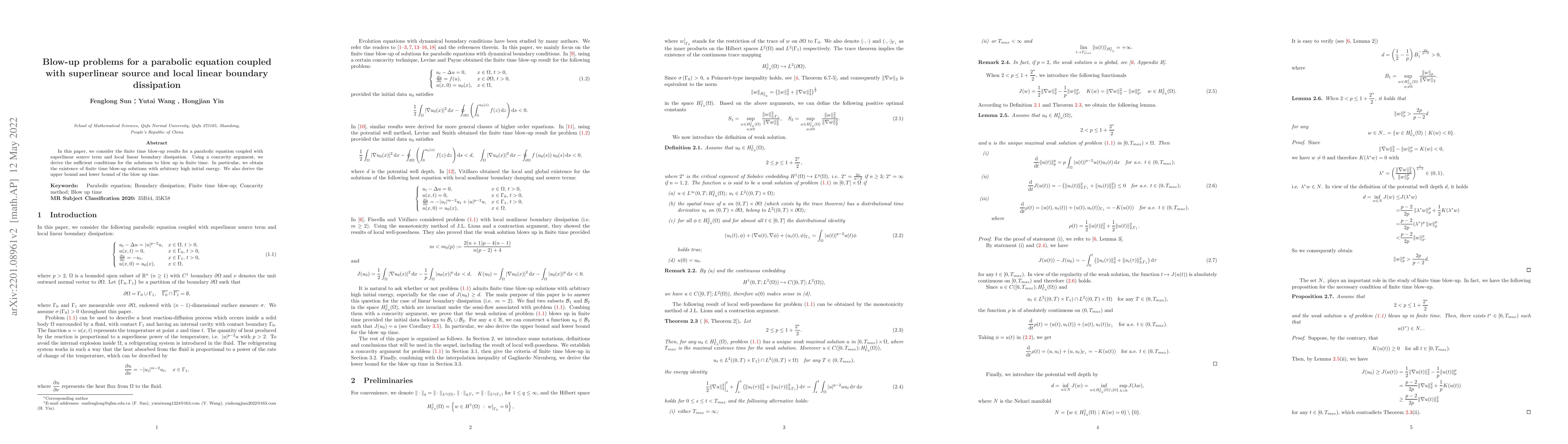 Thumbnail for Blow-up problems for a parabolic equation coupled with superlinear
  source and local linear boundary dissipation