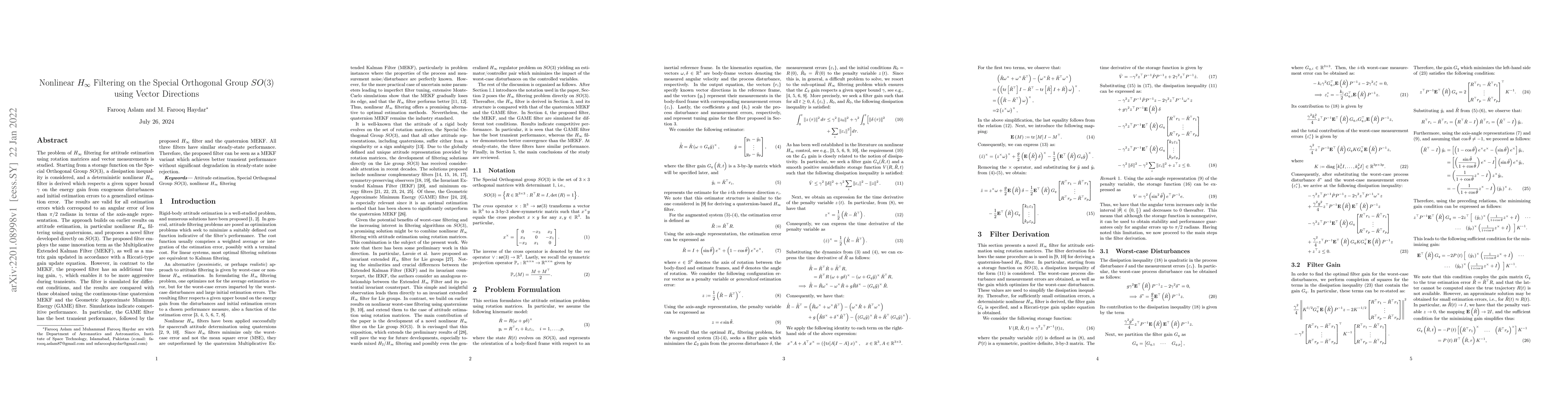 Thumbnail for Nonlinear $H_{\infty}$ Filtering on the Special Orthogonal Group $SO(3)$
  using Vector Directions