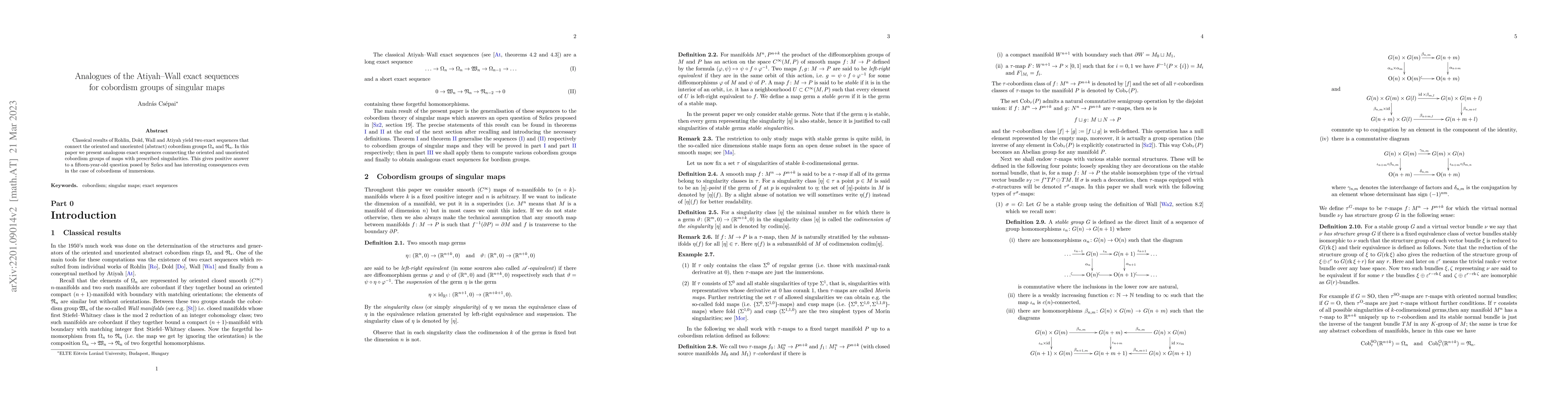 Thumbnail for Analogues of the Atiyah--Wall exact sequences for cobordism groups of
  singular maps