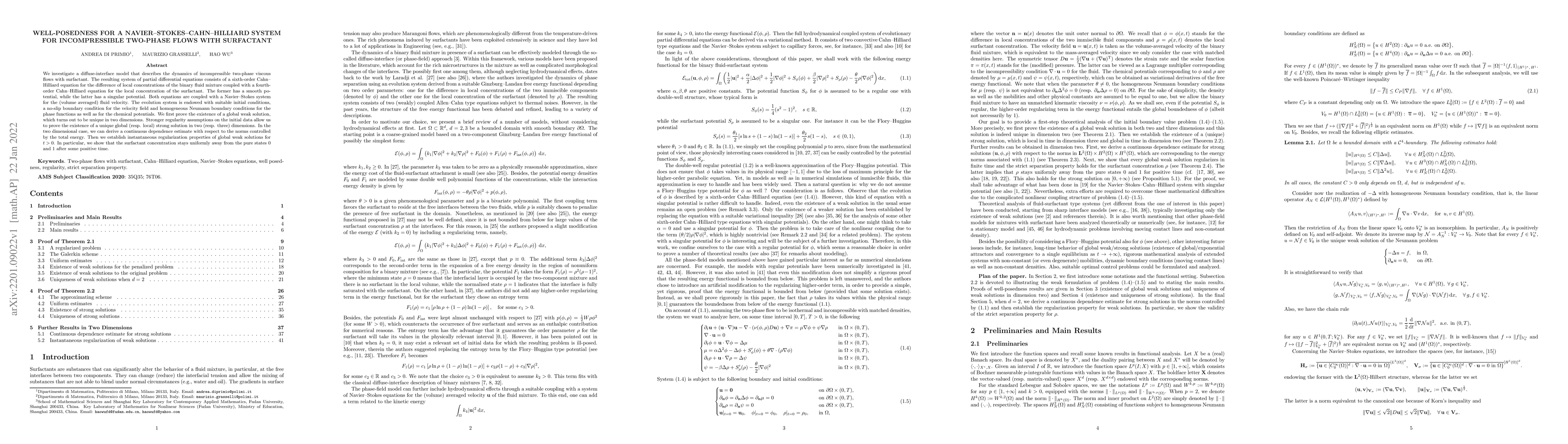 Thumbnail for Well-posedness for a Navier-Stokes-Cahn-Hilliard System for
  Incompressible Two-phase Flows with Surfactant