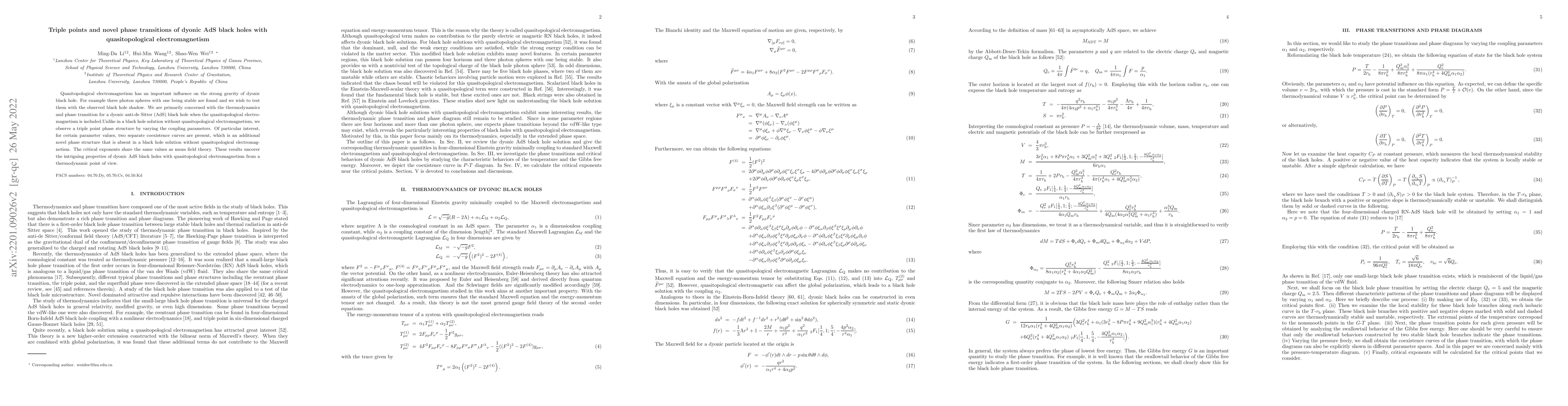 Thumbnail for Triple points and novel phase transitions of dyonic AdS black holes with
  quasitopological electromagnetism