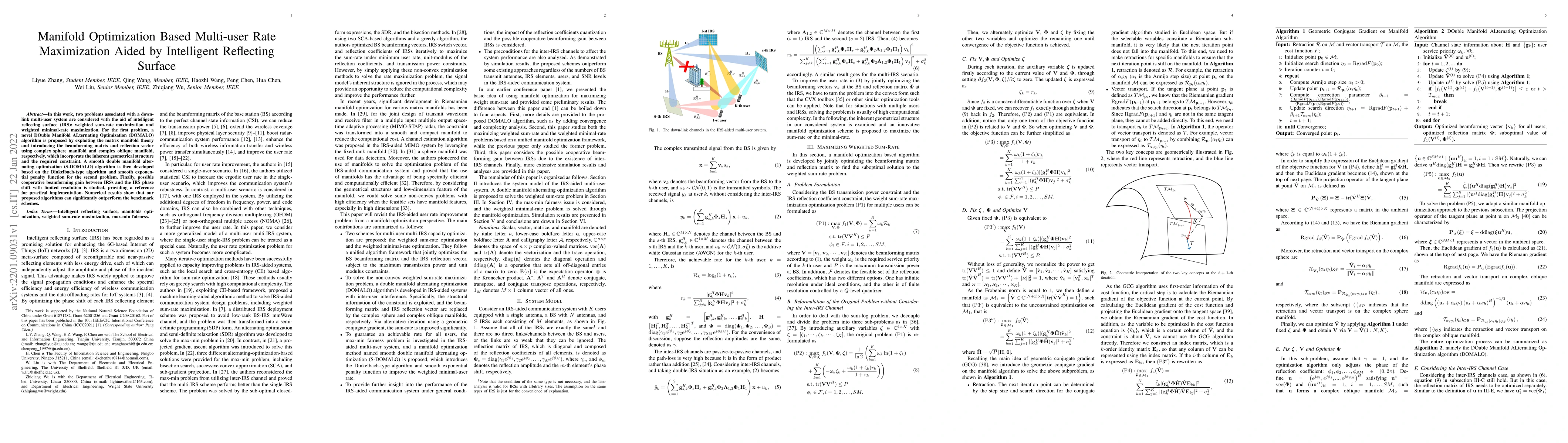 Thumbnail for Manifold Optimization Based Multi-user Rate Maximization Aided by
  Intelligent Reflecting Surface