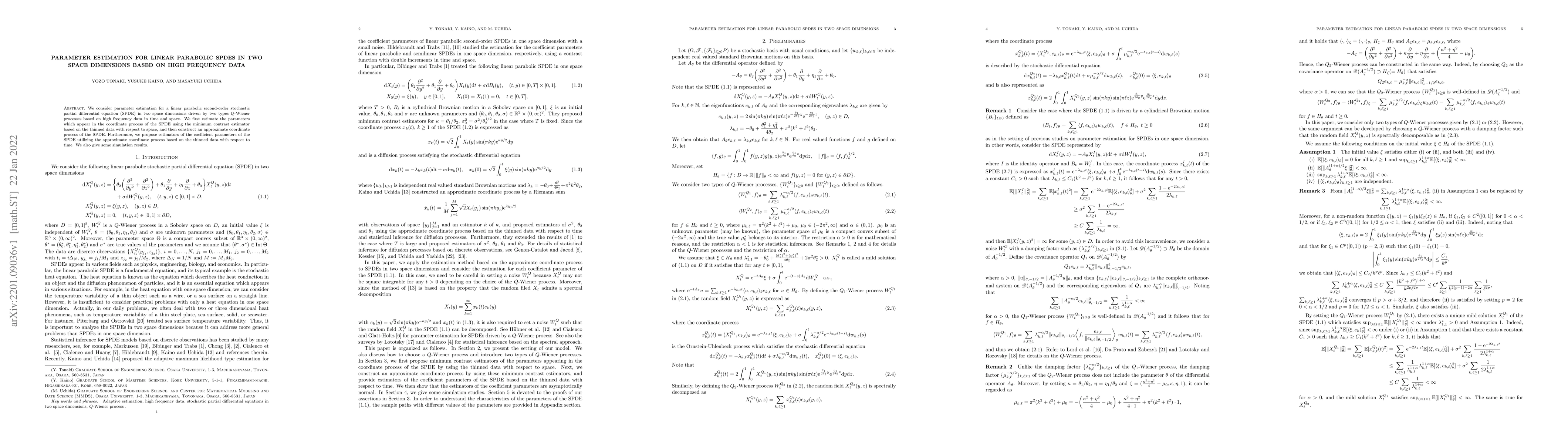Thumbnail for Parameter estimation for linear parabolic SPDEs in two space dimensions
  based on high frequency data