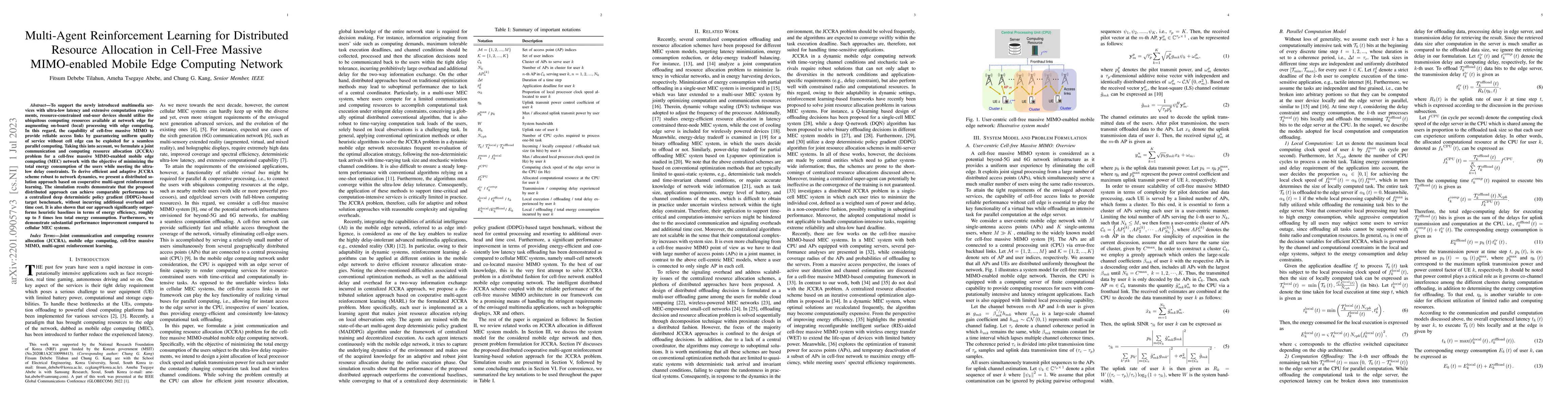 Thumbnail for Multi-Agent Reinforcement Learning for Distributed Joint Communication
  and Computing Resource Allocation over Cell-Free Massive MIMO-enabled Mobile
  Edge Computing Network