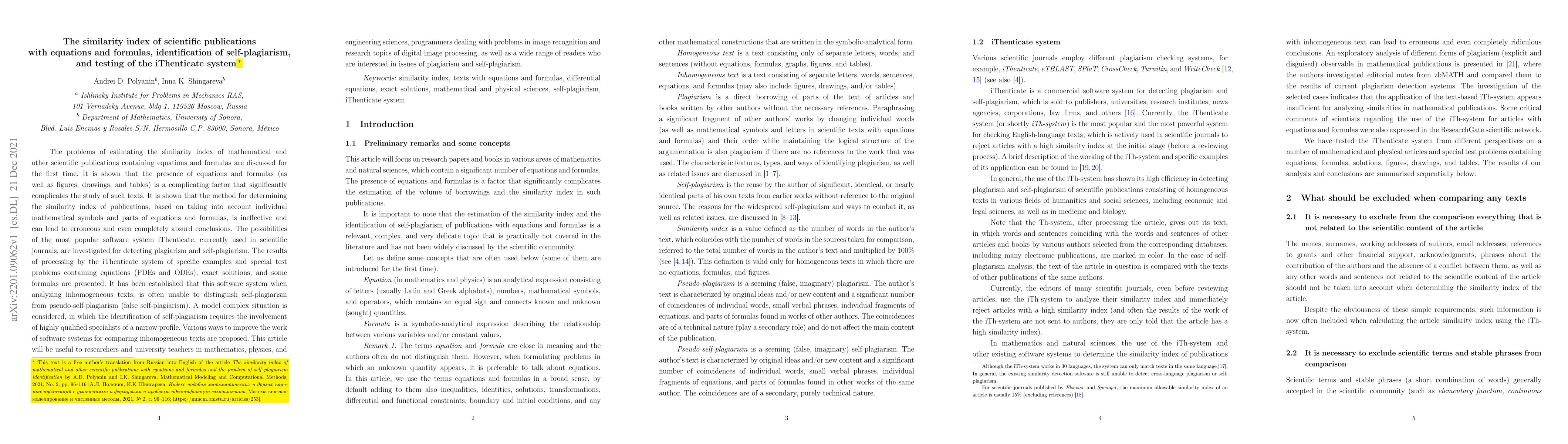 Thumbnail for The similarity index of scientific publications with equations and
  formulas, identification of self-plagiarism, and testing of the iThenticate
  system