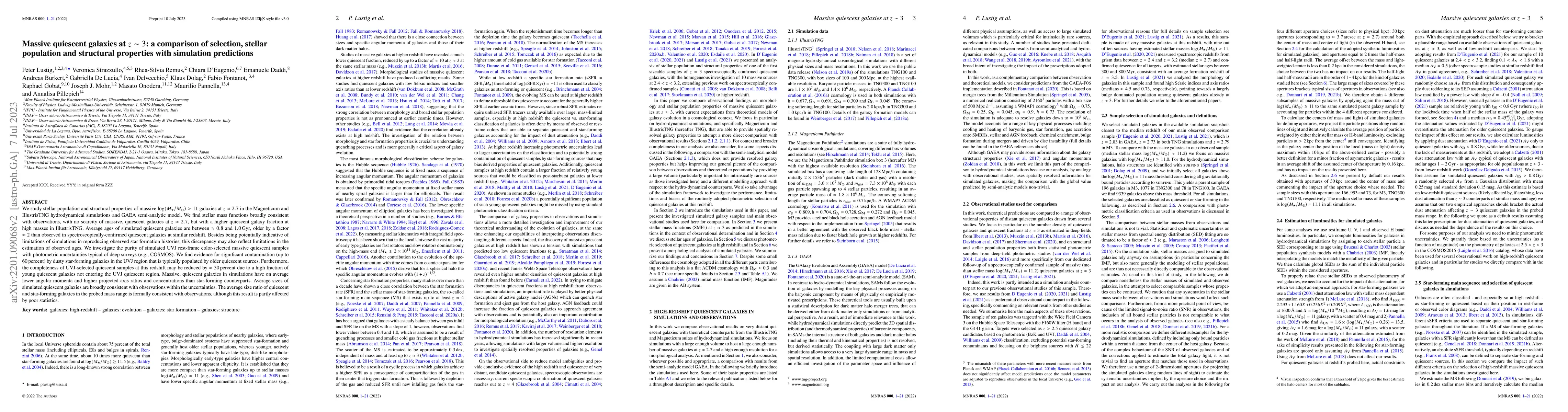 Thumbnail for Massive quiescent galaxies at $z\sim3$: a comparison of selection,
  stellar population and structural properties with simulation predictions