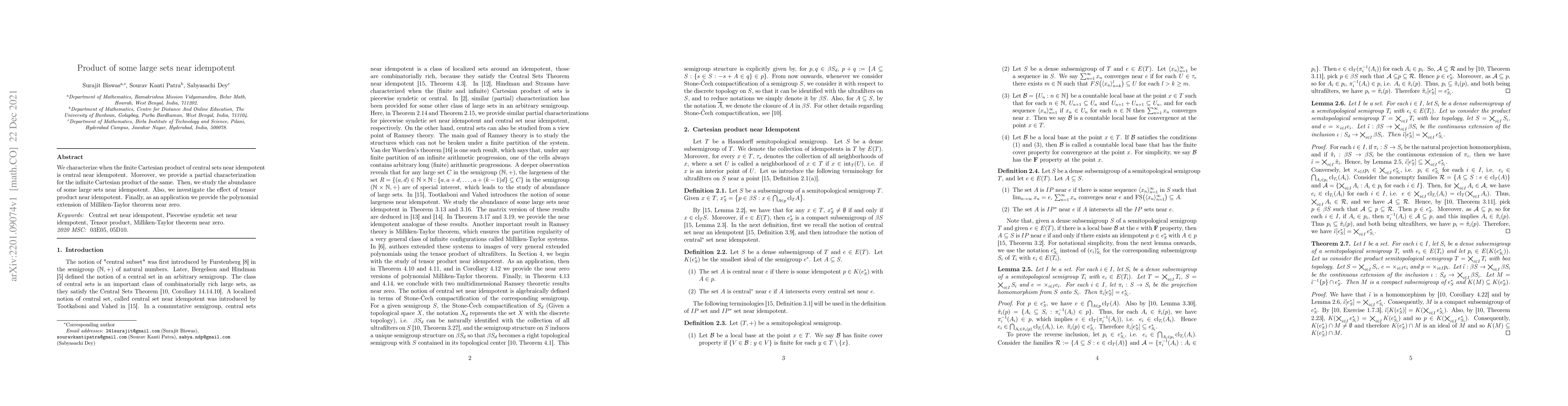 Thumbnail for Product of some large sets near idempotent