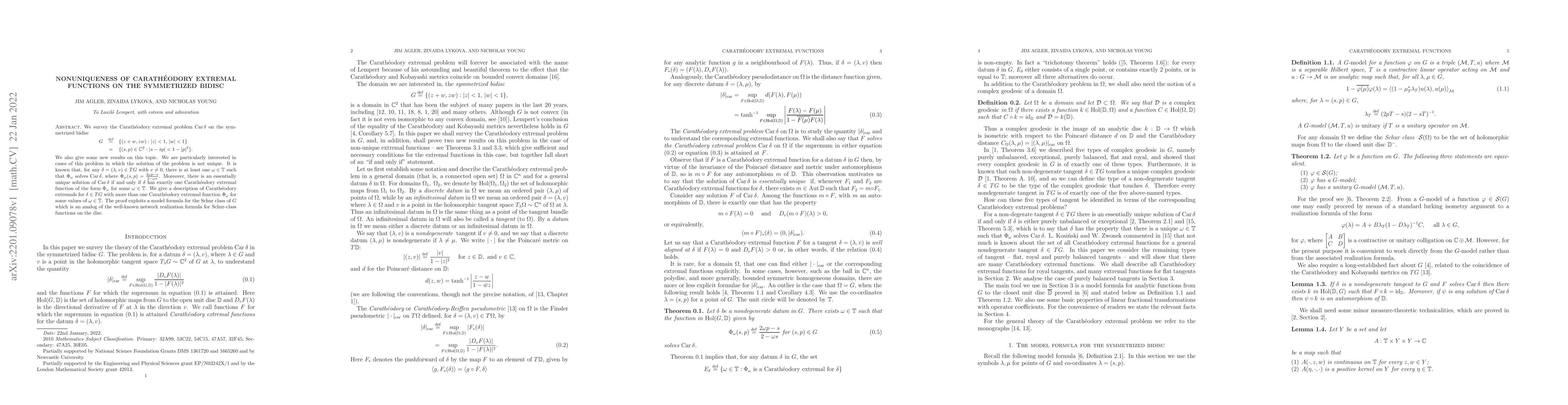 Thumbnail for Nonuniqueness of Carath\'eodory extremal functions on the symmetrized
  bidisc