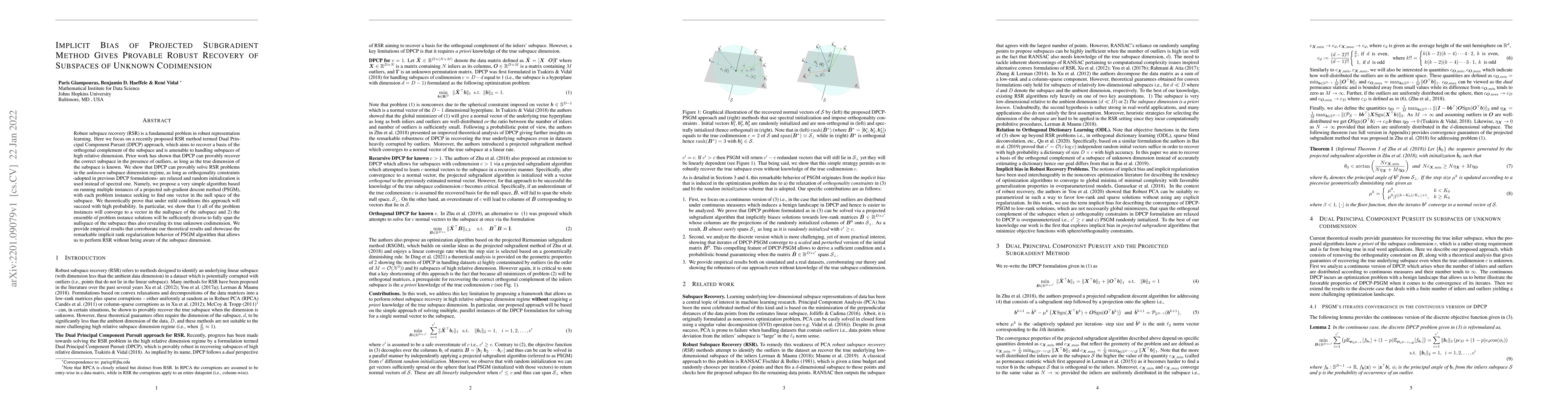 Thumbnail for Implicit Bias of Projected Subgradient Method Gives Provable Robust
  Recovery of Subspaces of Unknown Codimension