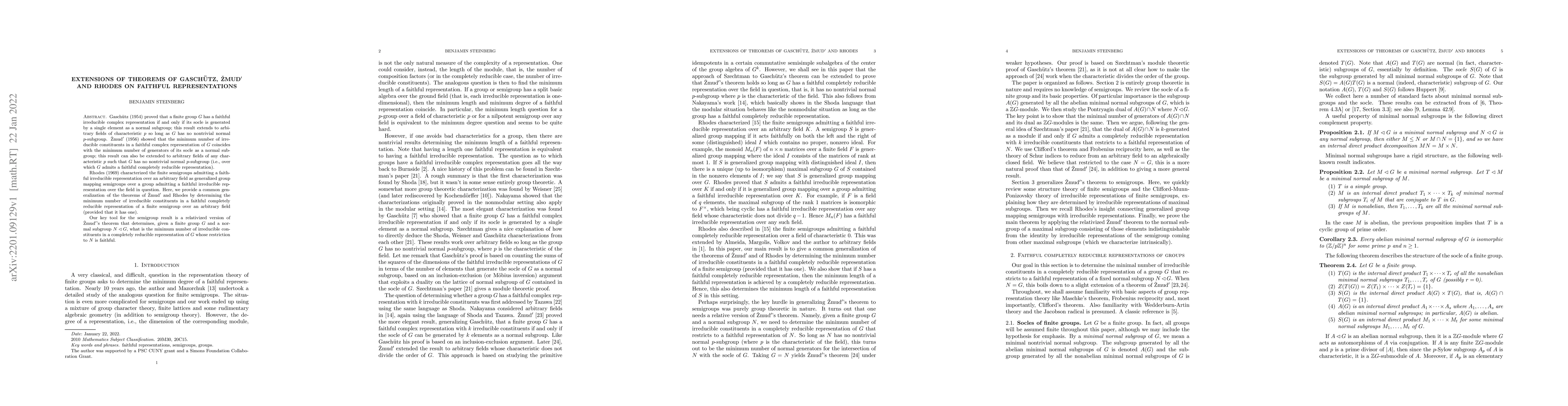 Thumbnail for Extensions of theorems of Gasch\"utz, \v{Z}mud$'$ and Rhodes on faithful
  representations