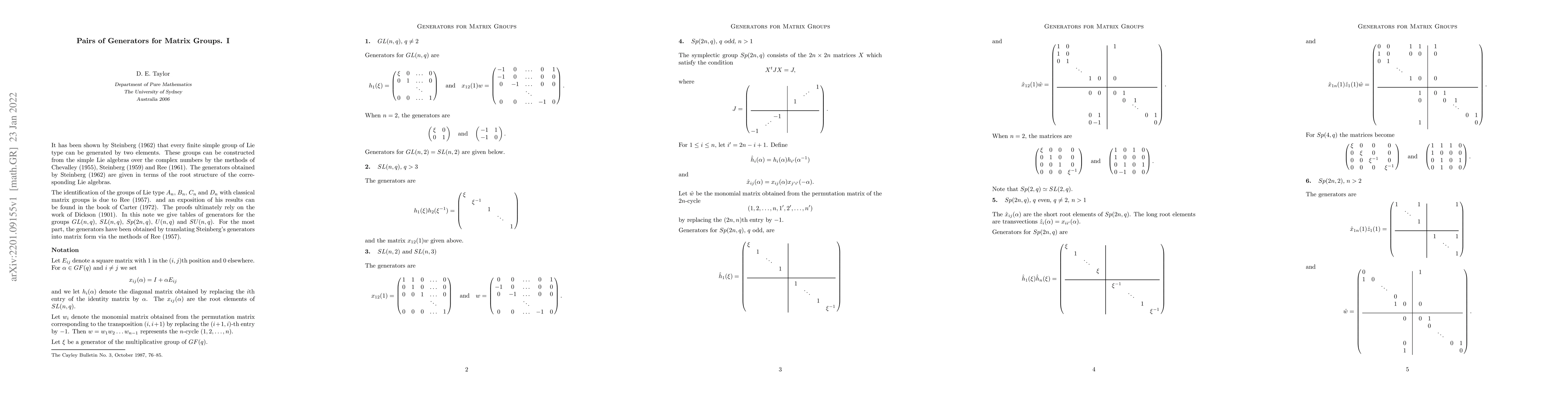 Thumbnail for Pairs of Generators for Matrix Groups. I