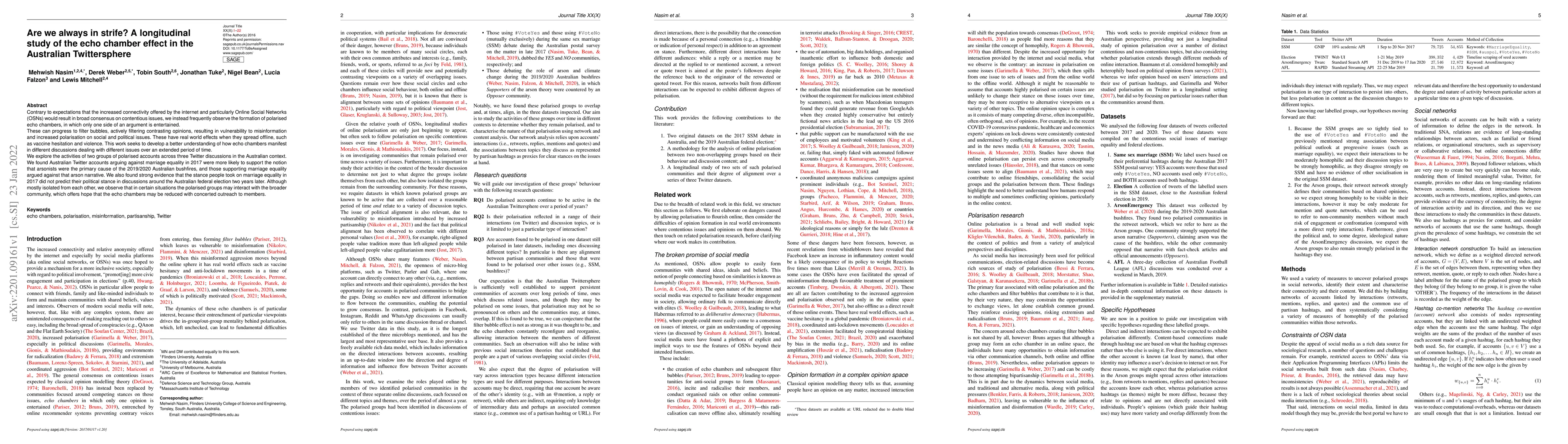 Thumbnail for Are we always in strife? A longitudinal study of the echo chamber effect
  in the Australian Twittersphere