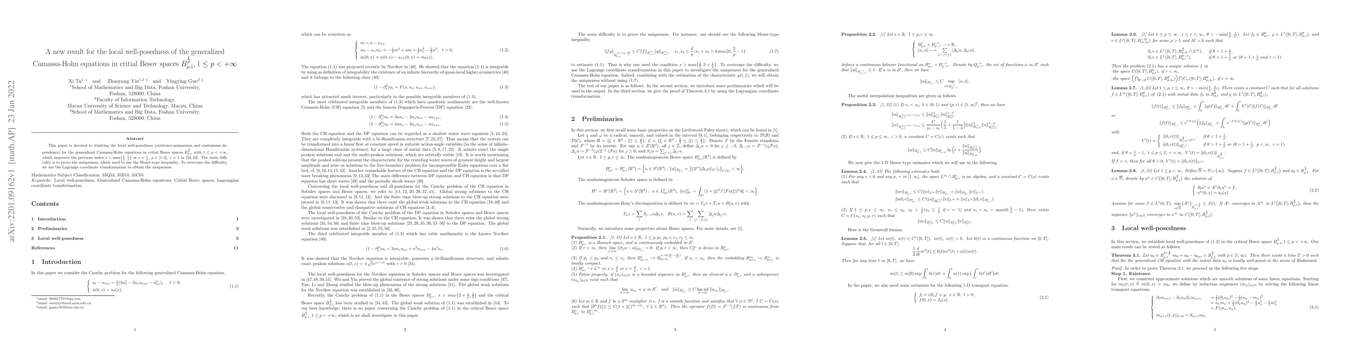Thumbnail for A new result for the local well-posedness of the generalized
  Camassa-Holm equations in critial Besov spaces $B^{\frac{1}{p}}_{p,1},1\leq
  p<+\infty$