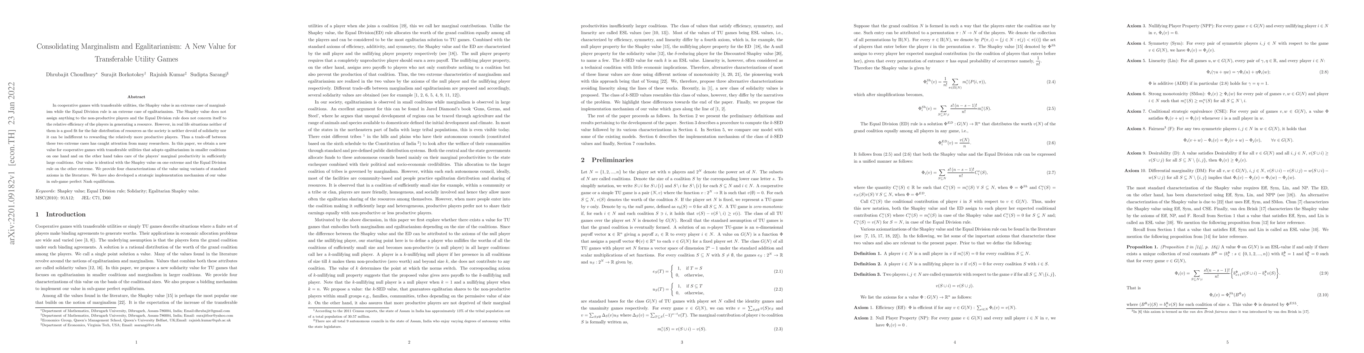 Thumbnail for Consolidating Marginalism and Egalitarianism: A New Value for
  Transferable Utility Games