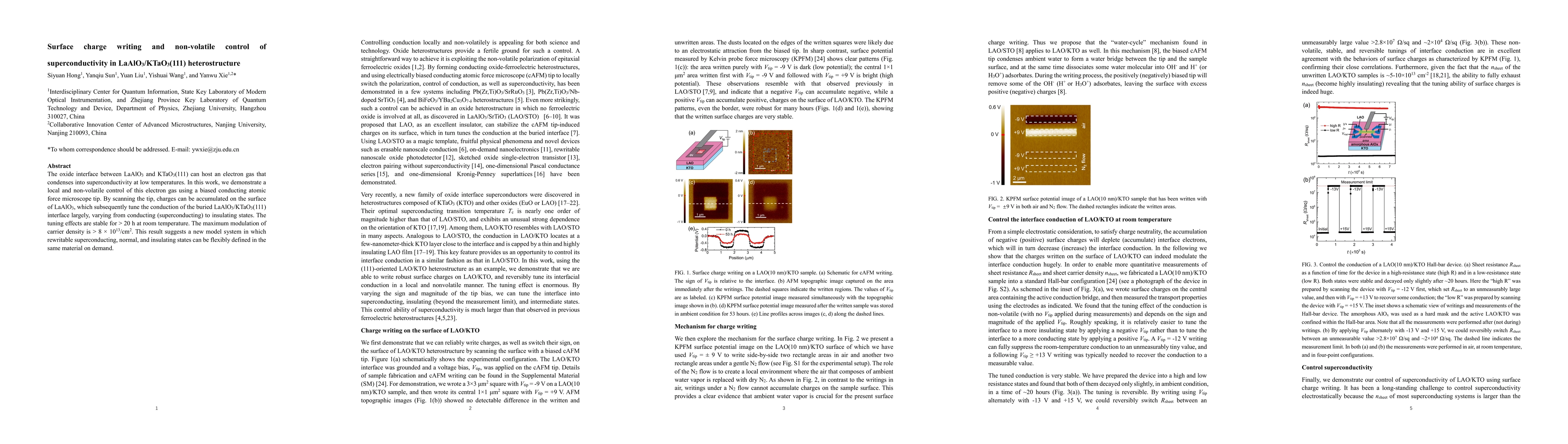 Thumbnail for Surface charge writing and non-volatile control of superconductivity in
  LaAlO3/KTaO3(111) heterostructure