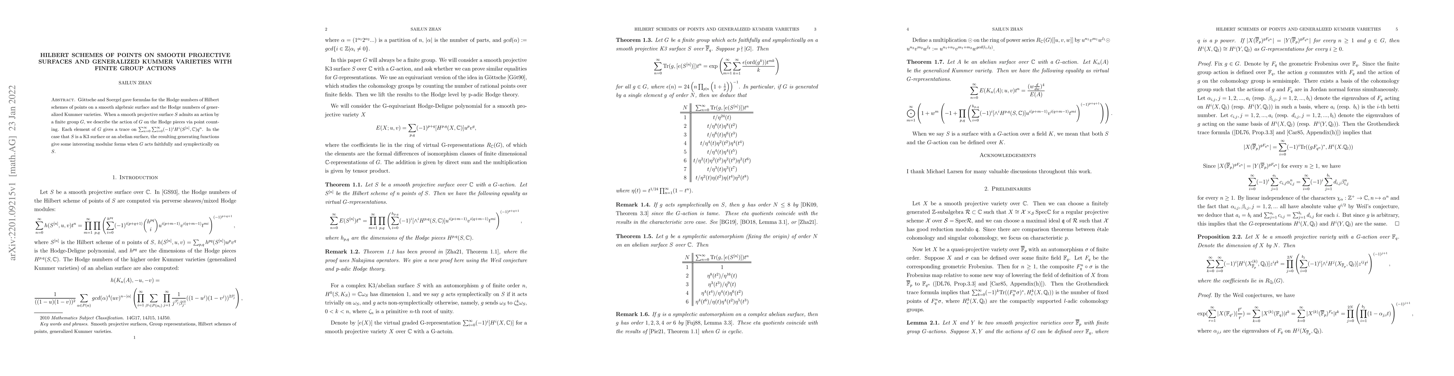 Thumbnail for Hilbert schemes of points on smooth projective surfaces and generalized
  Kummer varieties with finite group actions