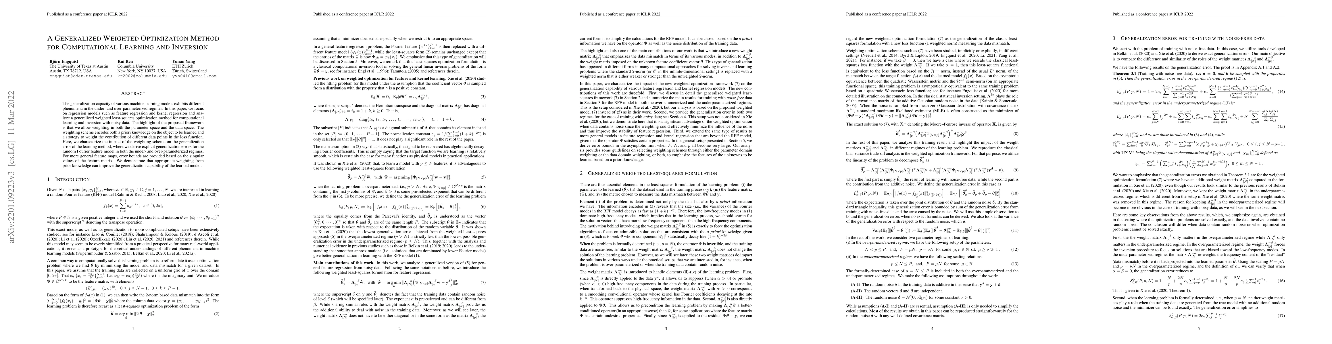 Thumbnail for A Generalized Weighted Optimization Method for Computational Learning
  and Inversion