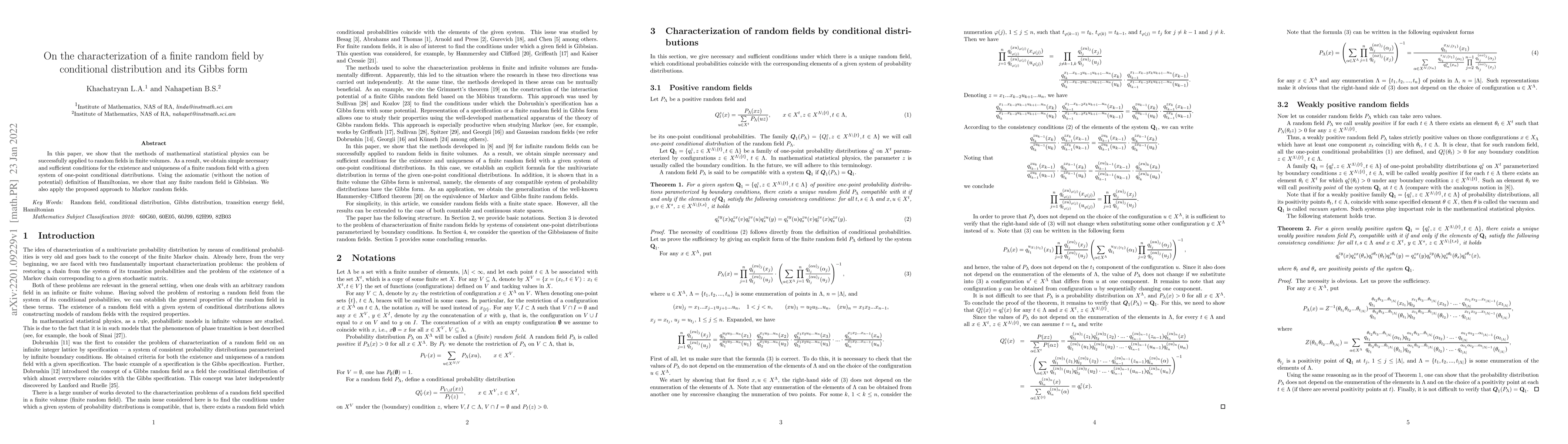 Thumbnail for On the characterization of a finite random field by conditional
  distribution and its Gibbs form