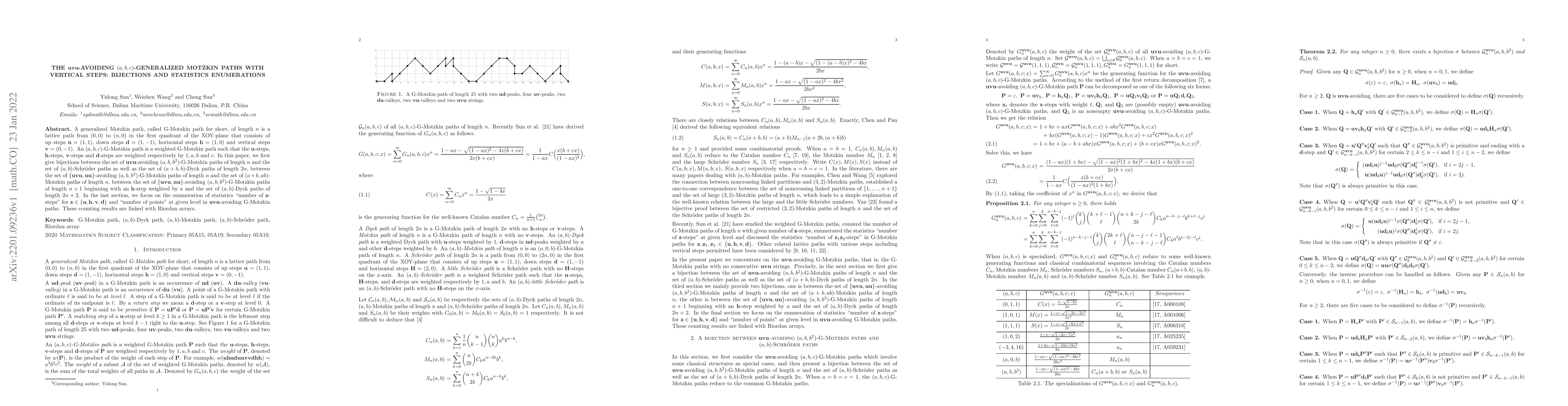 Thumbnail for The $\mathbf{uvu}$-avoiding $(a,b,c)$-Generalized Motzkin paths with
  vertical steps: bijections and statistic enumerations
