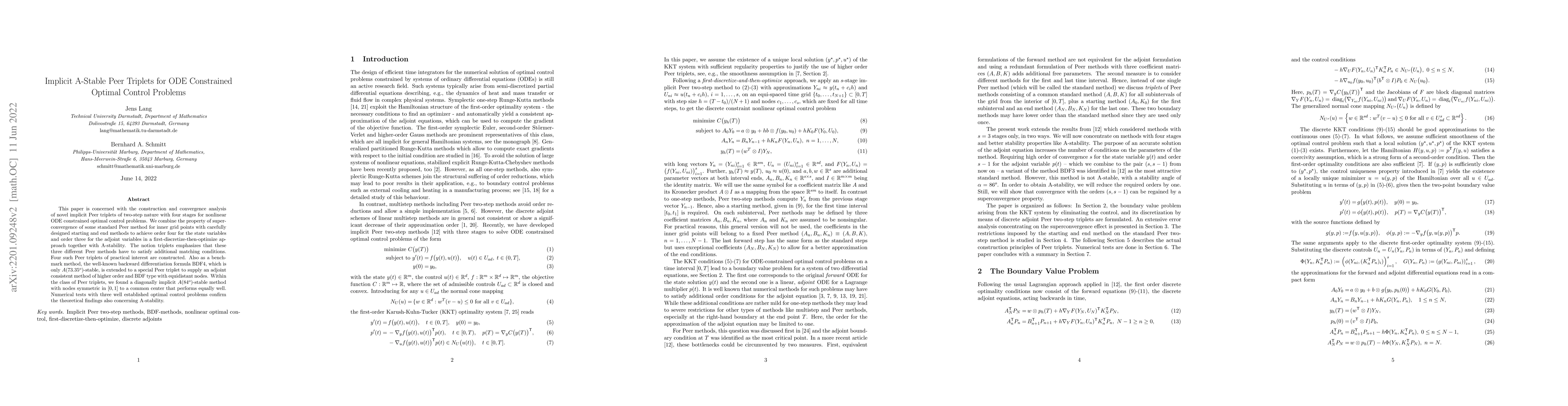 Thumbnail for Implicit A-Stable Peer Triplets for ODE Constrained Optimal Control
  Problems