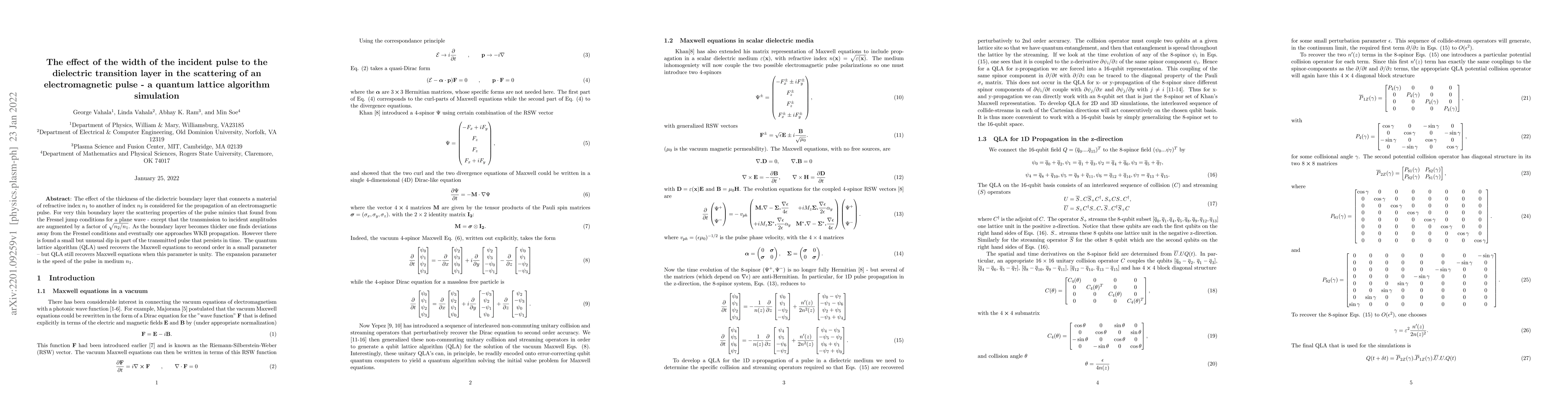 Thumbnail for The effect of the width of the incident pulse to the dielectric
  transition layer in the scattering of an electromagnetic pulse -- a quantum
  lattice algorithm simulation