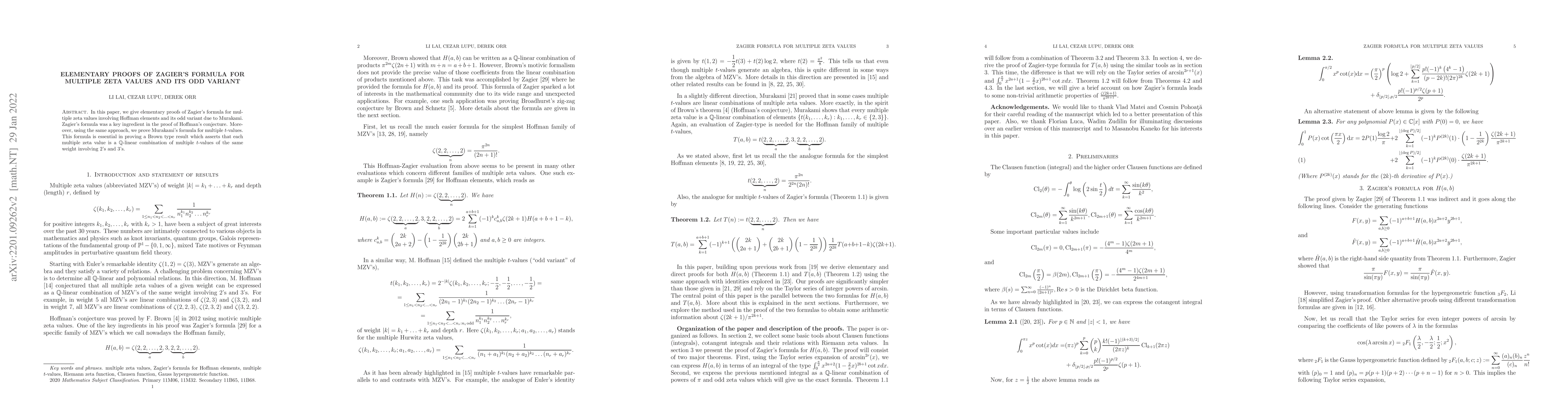 Thumbnail for Elementary proofs of Zagier's formula for multiple zeta values and its
  odd variant
