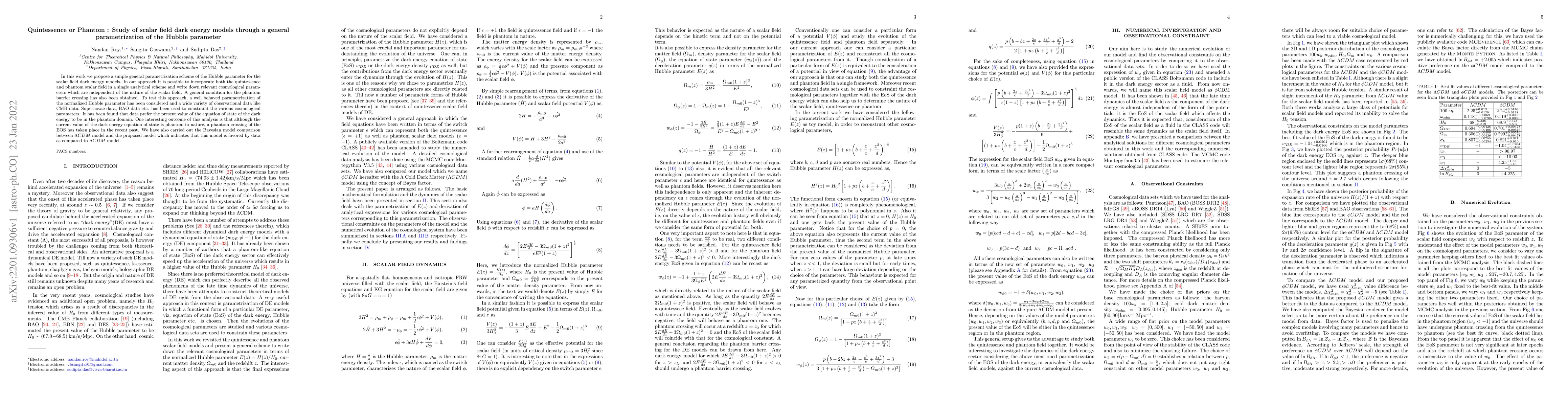 Thumbnail for Quintessence or Phantom: Study of scalar field dark energy models
  through a general parametrization of the Hubble parameter