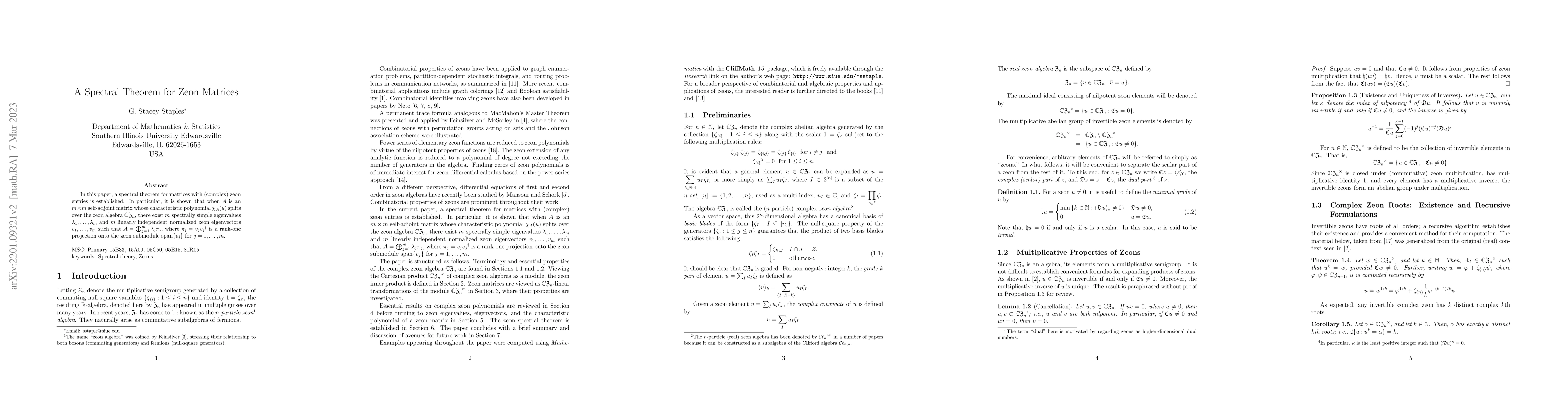 Thumbnail for A Spectral Theorem for Zeon Matrices