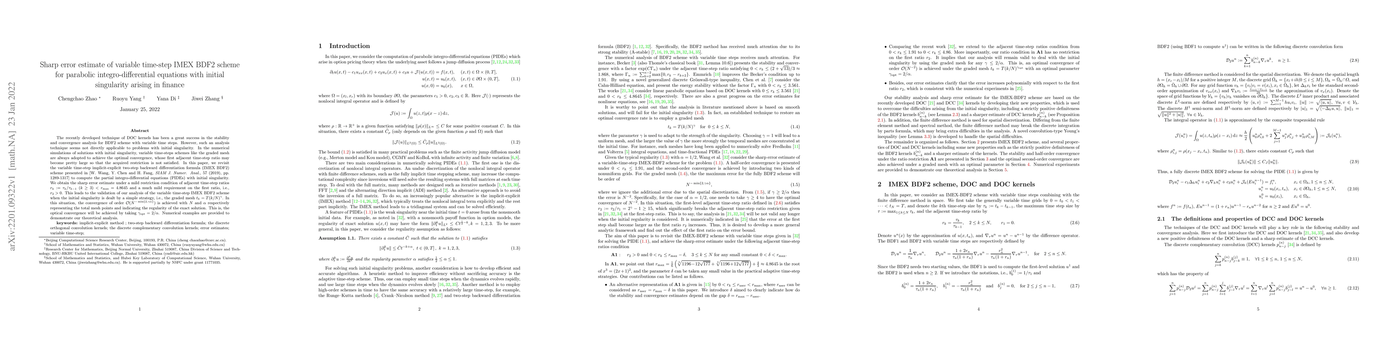 Thumbnail for Sharp error estimate of variable time-step IMEX BDF2 scheme for
  parabolic integro-differential equations with initial singularity arising in
  finance