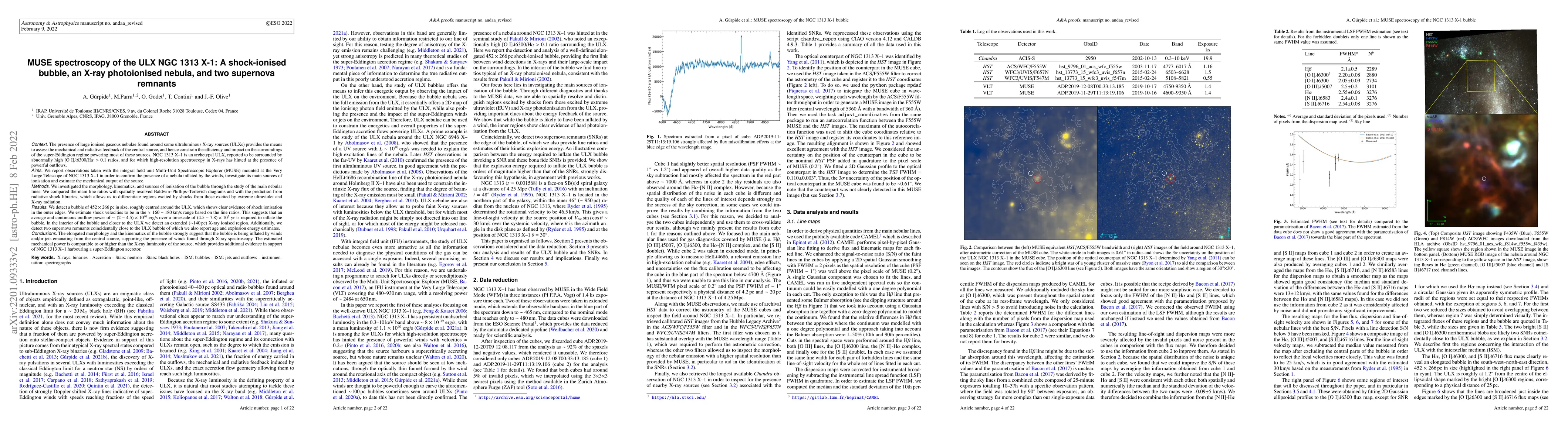 Thumbnail for MUSE spectroscopy of the ULX NGC 1313 X-1: a shock-ionised bubble, an
  X-ray photoionised nebula, and two supernova remnants