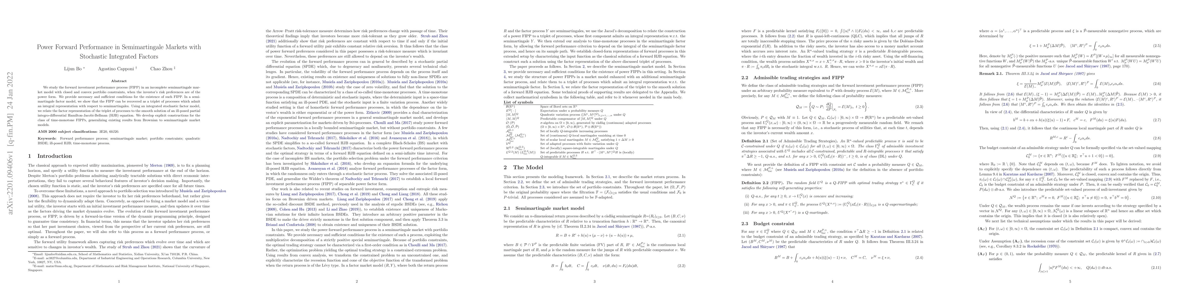 Thumbnail for Power Forward Performance in Semimartingale Markets with Stochastic
  Integrated Factors
