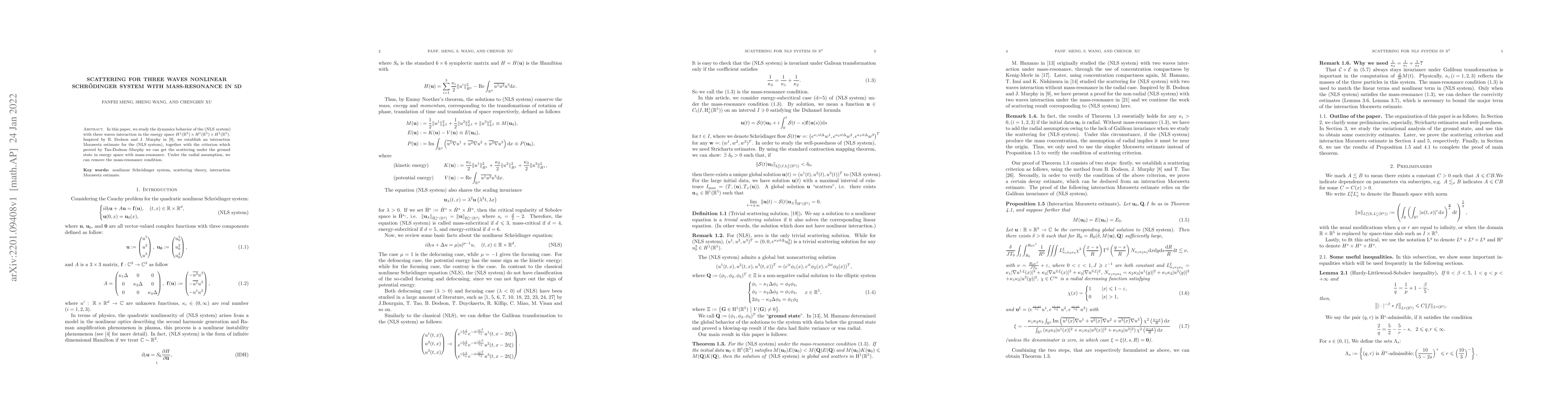 Thumbnail for Scattering For three waves Nonlinear Schr\"odinger System with
  mass-resonance in 5D