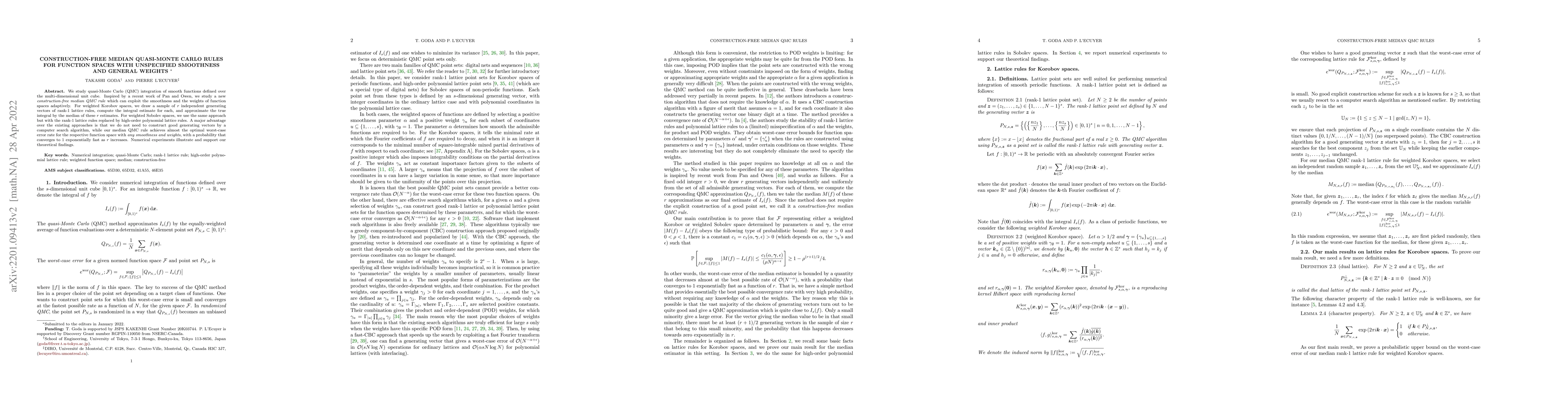 Thumbnail for Construction-free median quasi-Monte Carlo rules for function spaces
  with unspecified smoothness and general weights