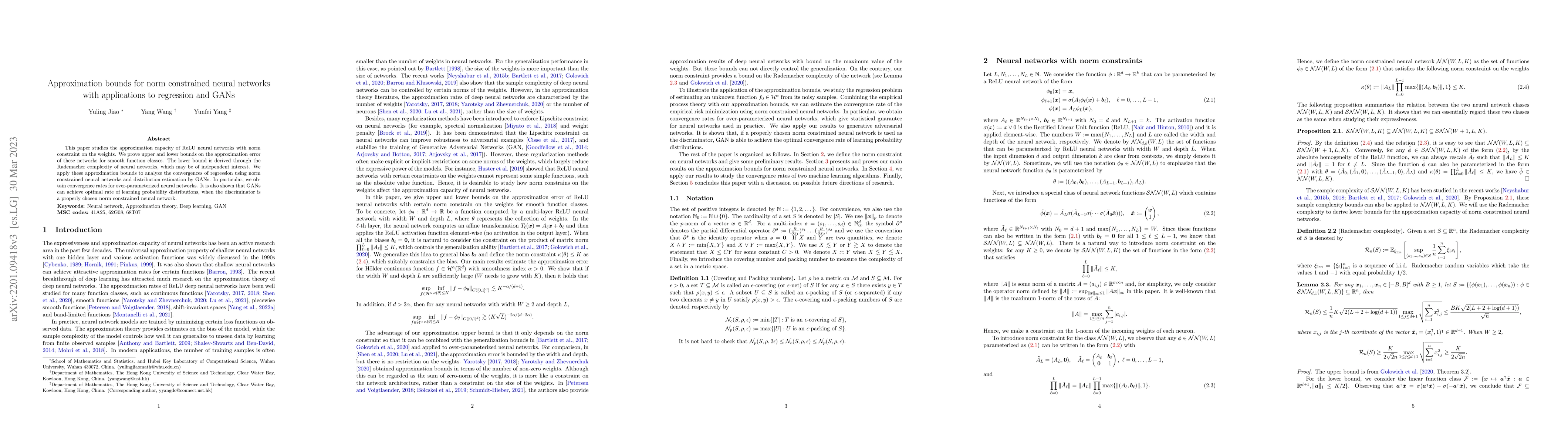Thumbnail for Approximation bounds for norm constrained neural networks with
  applications to regression and GANs