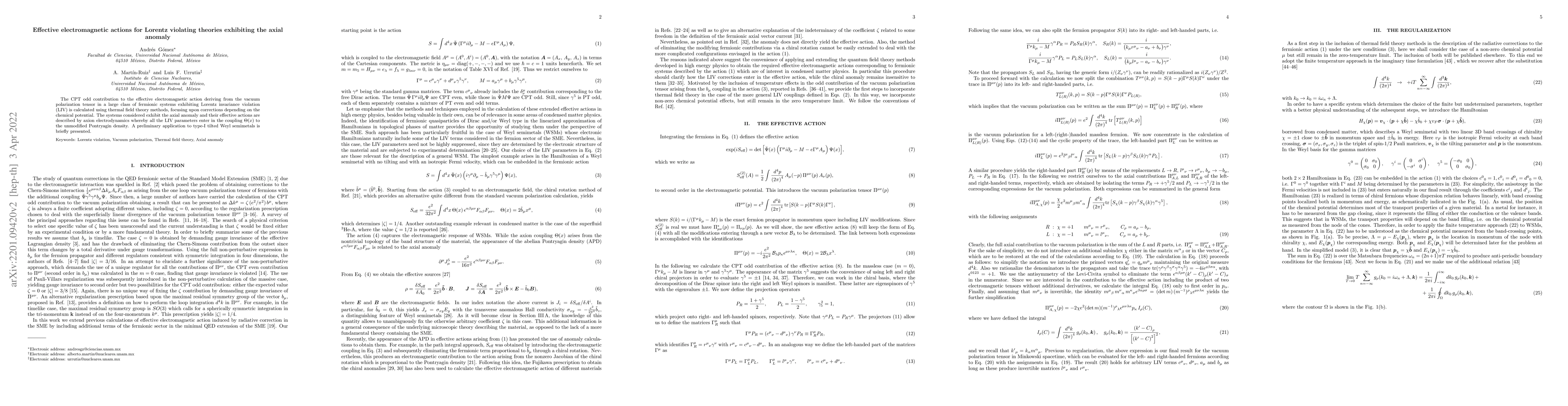 Thumbnail for Effective electromagnetic actions for Lorentz violating theories
  exhibiting the axial anomaly