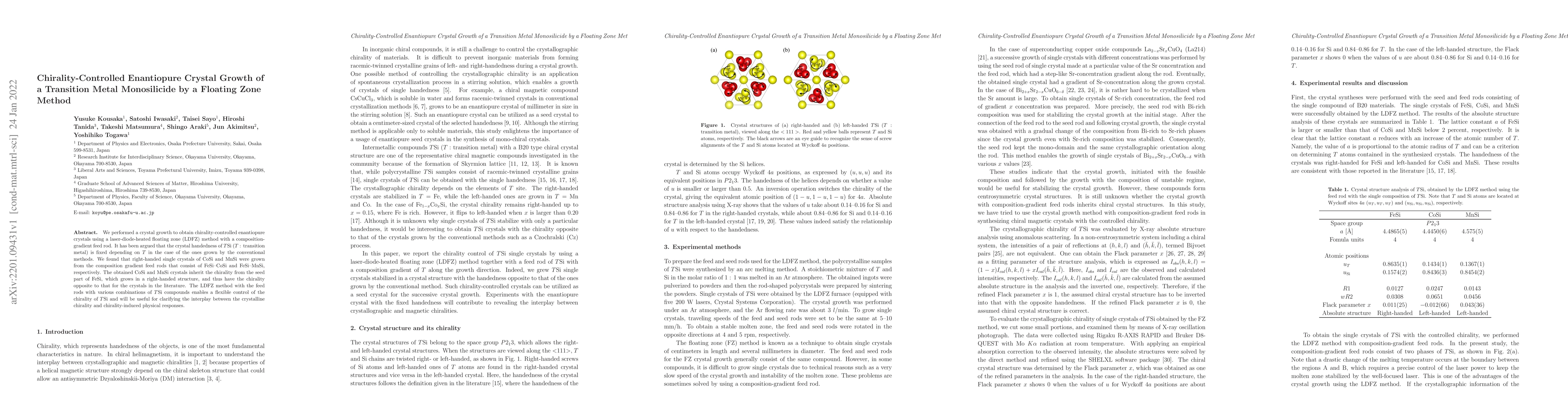 Thumbnail for Chirality-Controlled Enantiopure Crystal Growth of a Transition Metal
  Monosilicide by a Floating Zone Method