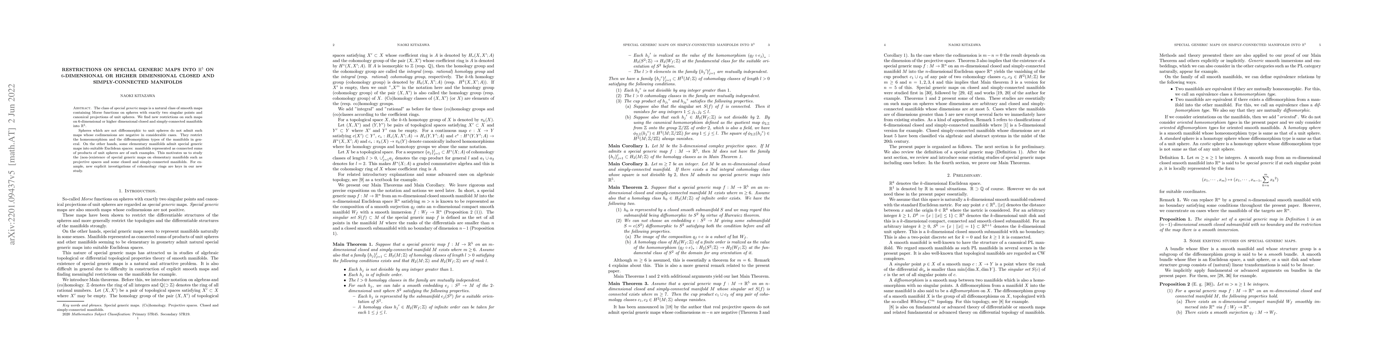 Thumbnail for Restrictions on special generic maps into ${\mathbb{R}}^5$ on
  $6$-dimensional or higher dimensional closed and simply-connected manifolds
