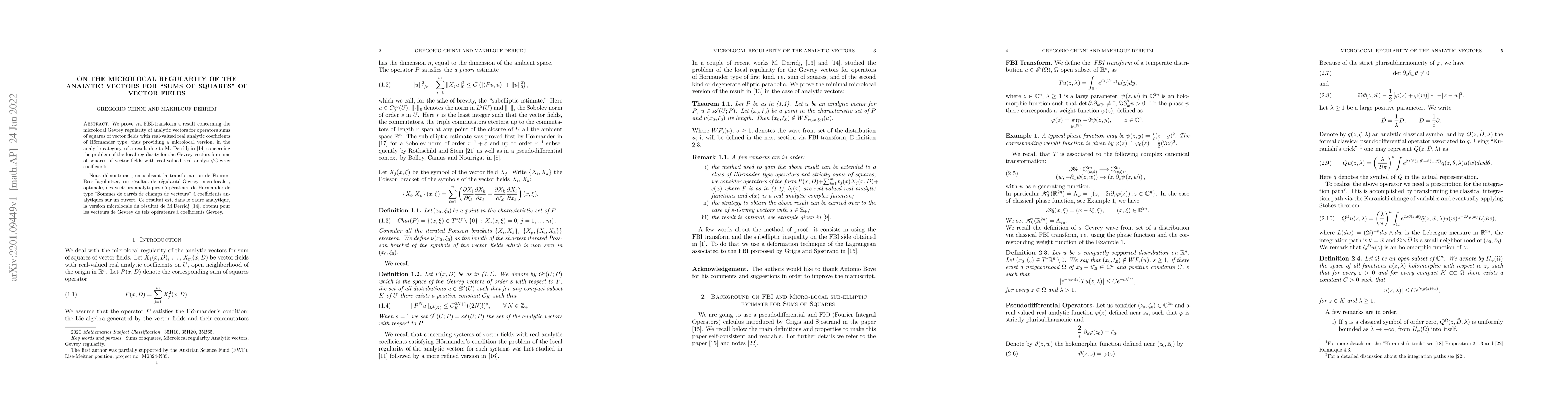 Thumbnail for On the microlocal regularity of the analytic vectors for "sums of
  squares" of vector fields