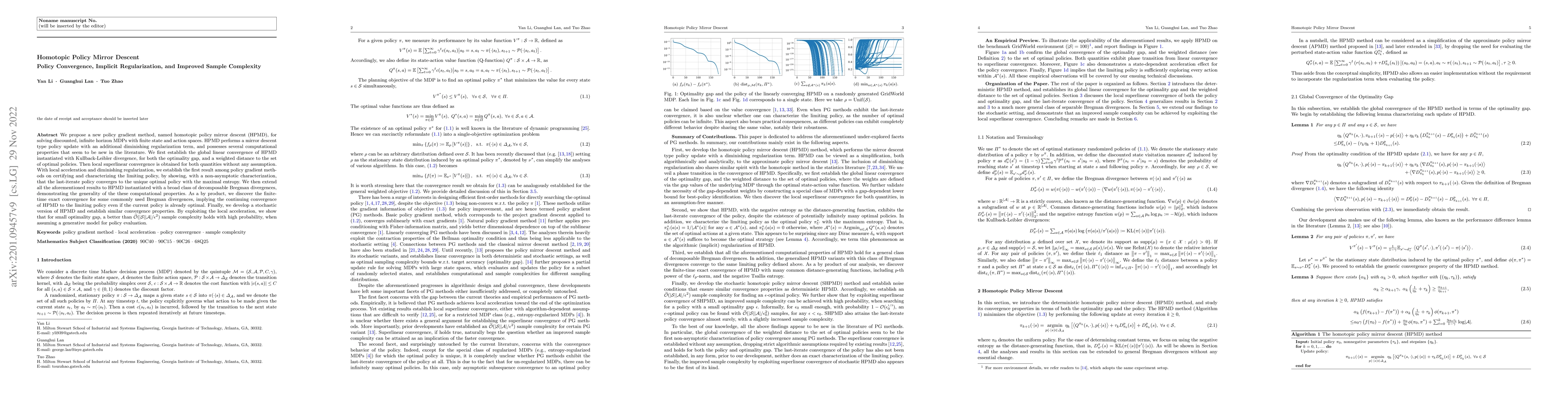 Thumbnail for Homotopic Policy Mirror Descent: Policy Convergence, Implicit
  Regularization, and Improved Sample Complexity